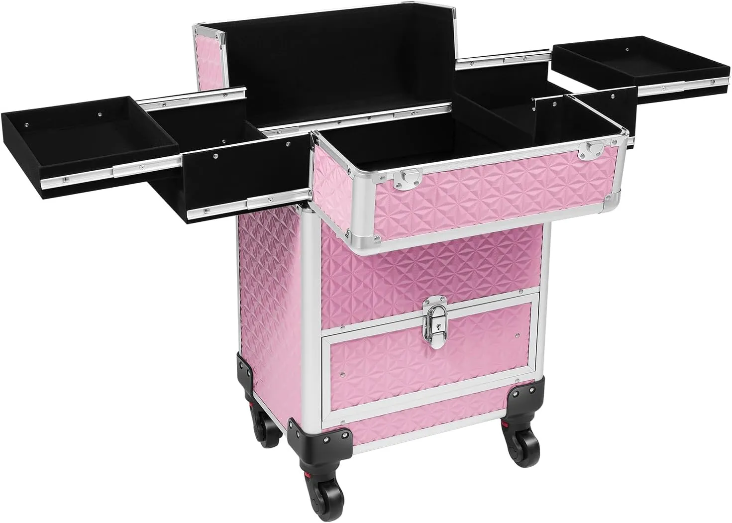 Rolling Makeup Case, Folding Top Compartment Aluminum Makeup Trolley Case with 3-Position Telescopic Pull Bar and 3 Brass Core Locks Professional Makeup Train Storage Box for Hairdressers