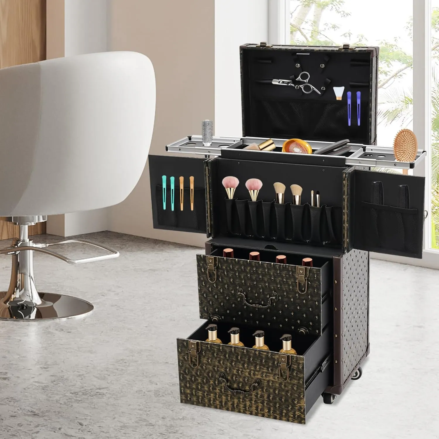Rolling Makeup Train Case Large Storage Cosmetic Trolley Professional Manicure Tool kit Portable Manicure Storage Case Organizer with Swivel Wheels with 4 Tray and Sliding Rail