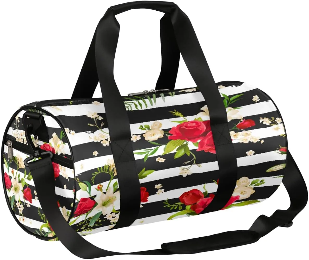 Rose Lily Flower Sports Gym Bag Duffel Bags Workout Lightweight Shoulder Weekender Bag Travel Duffel Bag for Men Women(Black Stripe)