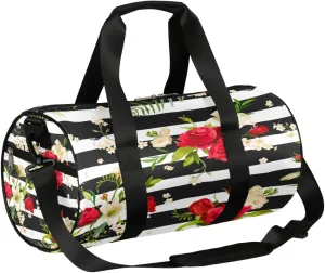 Rose Lily Flower Sports Gym Bag Duffel Bags Workout Lightweight Shoulder Weekender Bag Travel Duffel Bag for Men Women(Black Stripe)