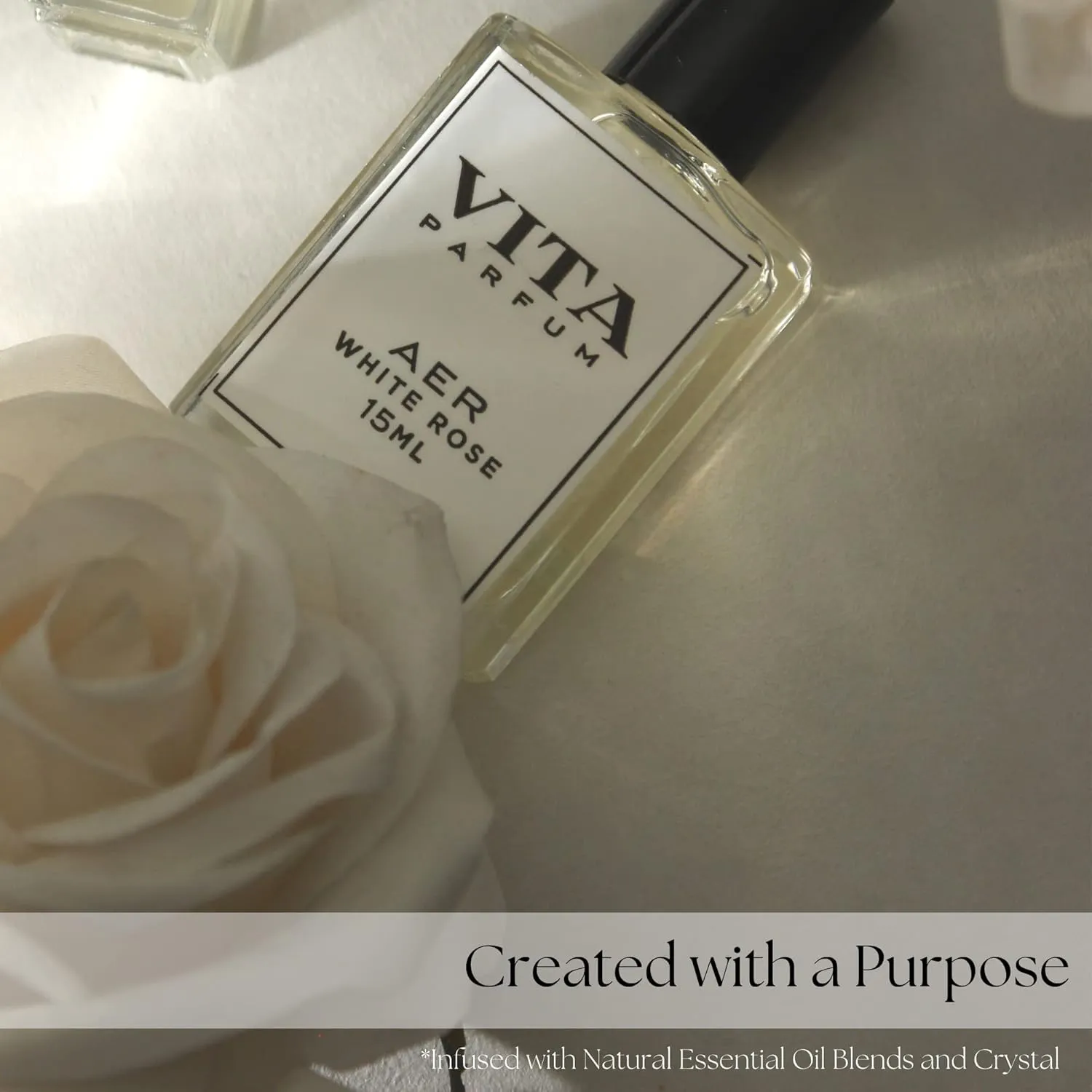 Rose Perfume Oil, Long Lasting, Vibrant White Rose Fragrance blended with Apple, Geranium and Musk Note with Quartz, Vegan and All Natural Perfume for Women, Mother's Day - 15 ml