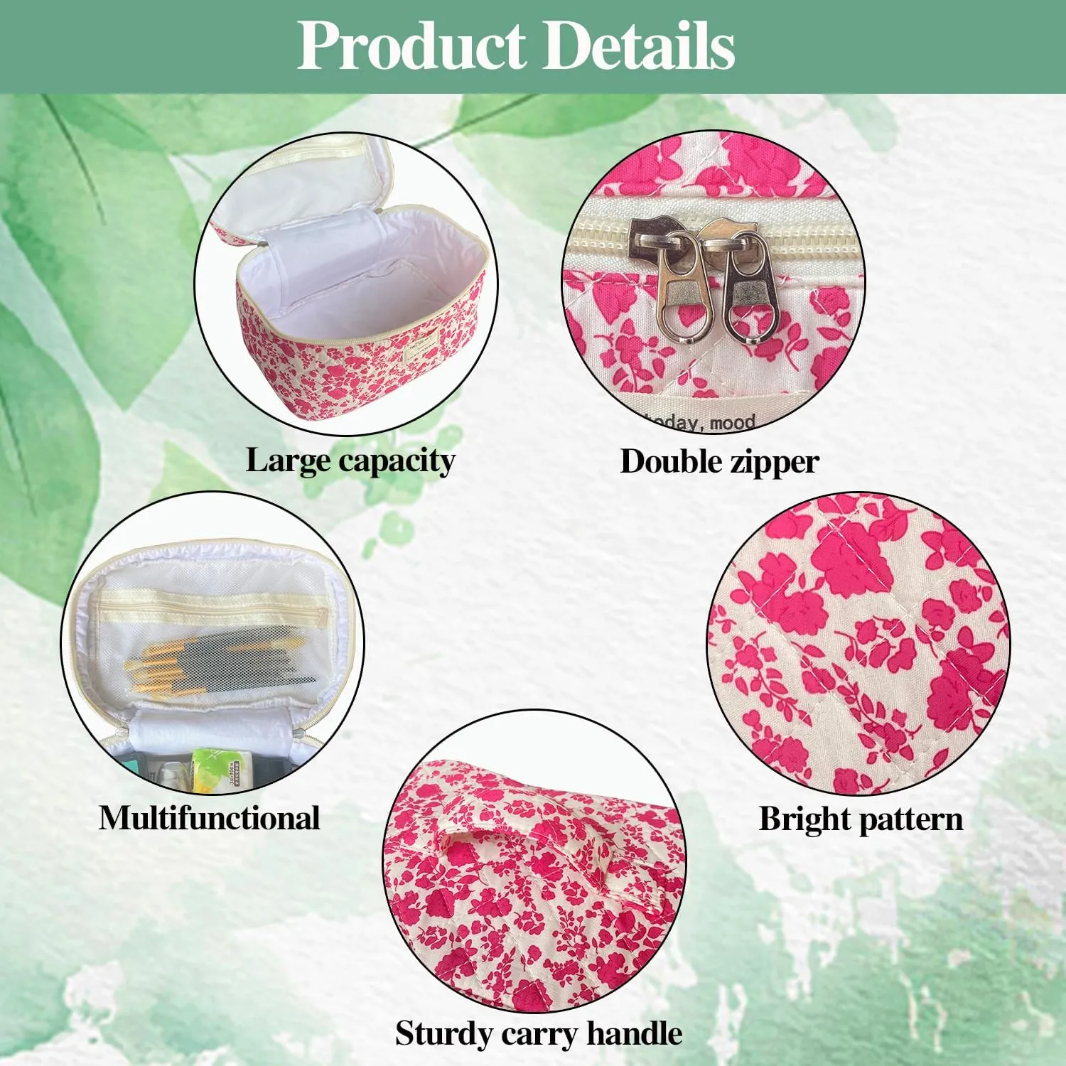 Rose Red Large Quilted Floral Makeup Bag Set of 3 Cute Coquette Aesthetic Cosmetic Bag Set Travel Toiletry Bag for Women