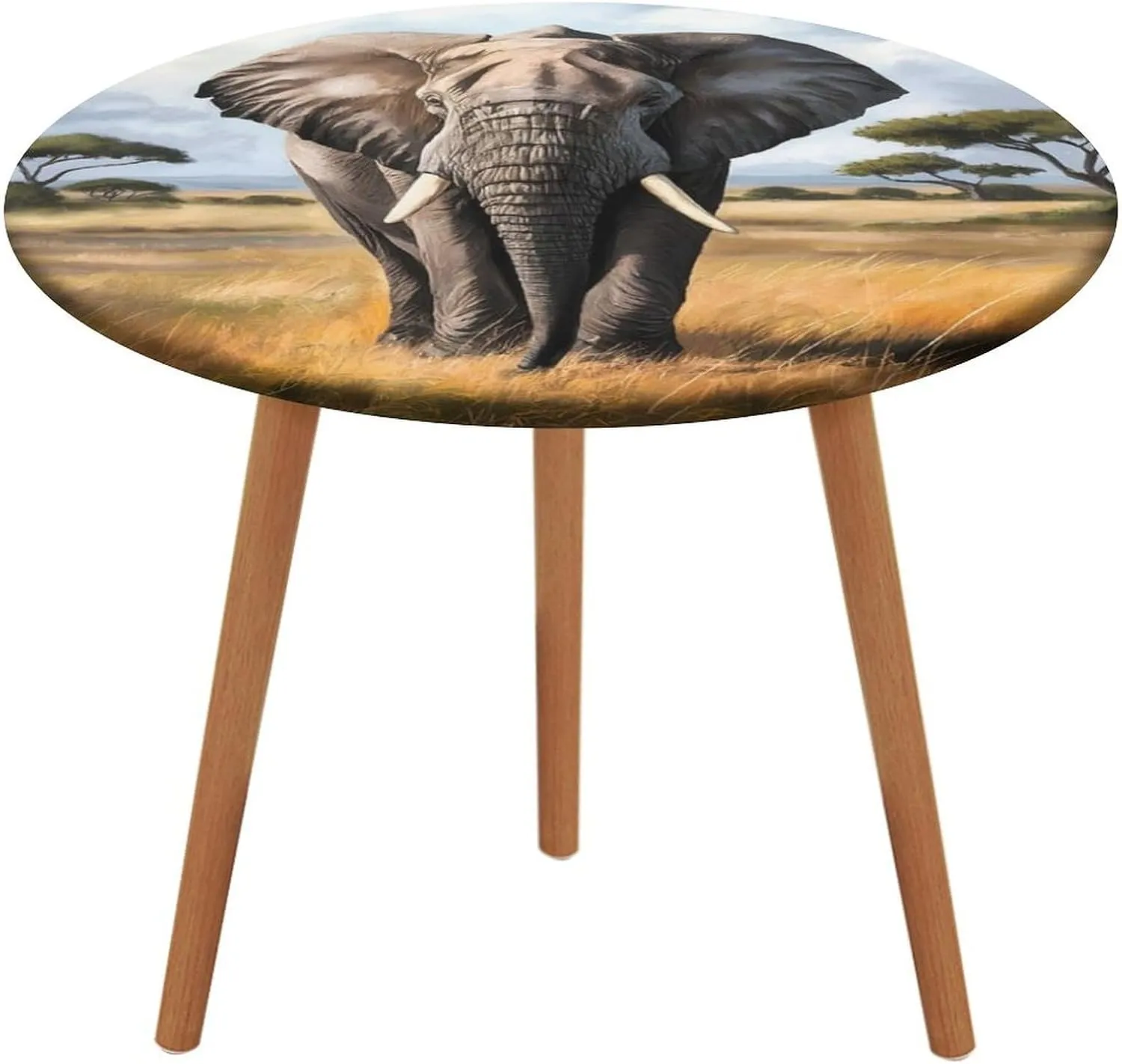Round Fitted Tablecloth with Elastic Edge, Elephant Grassland Round Outdoor Tablecloth Picnic Table Cover, Oil-Proof Vinyl Elastic Round Tablecloth for Kitchen Dining (47 Inch)