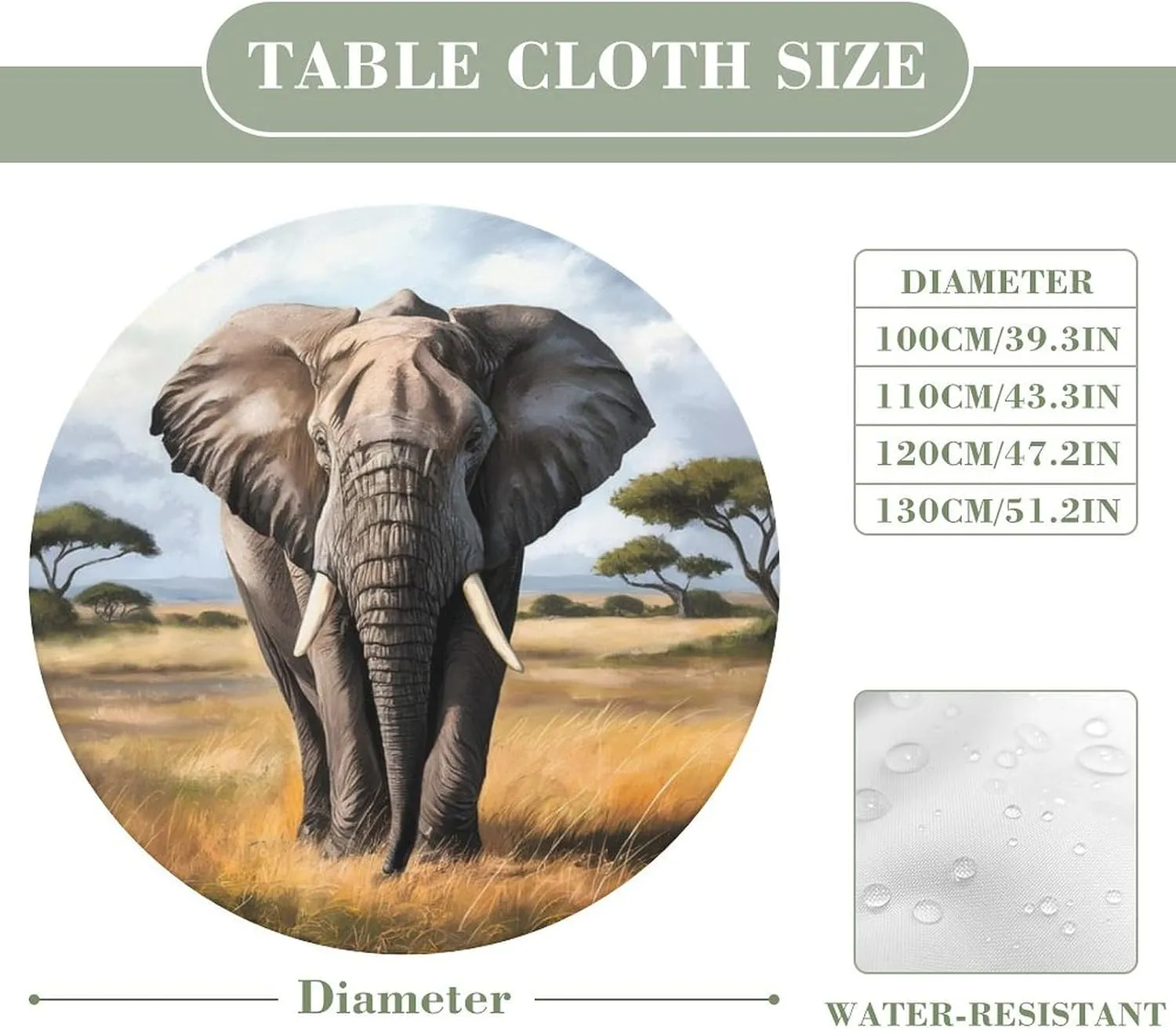 Round Fitted Tablecloth with Elastic Edge, Elephant Grassland Round Outdoor Tablecloth Picnic Table Cover, Oil-Proof Vinyl Elastic Round Tablecloth for Kitchen Dining (47 Inch)