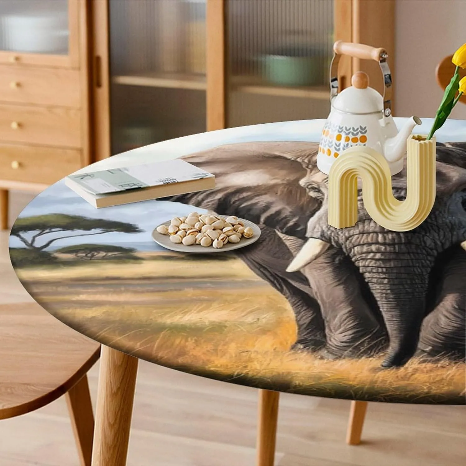 Round Fitted Tablecloth with Elastic Edge, Elephant Grassland Round Outdoor Tablecloth Picnic Table Cover, Oil-Proof Vinyl Elastic Round Tablecloth for Kitchen Dining (47 Inch)