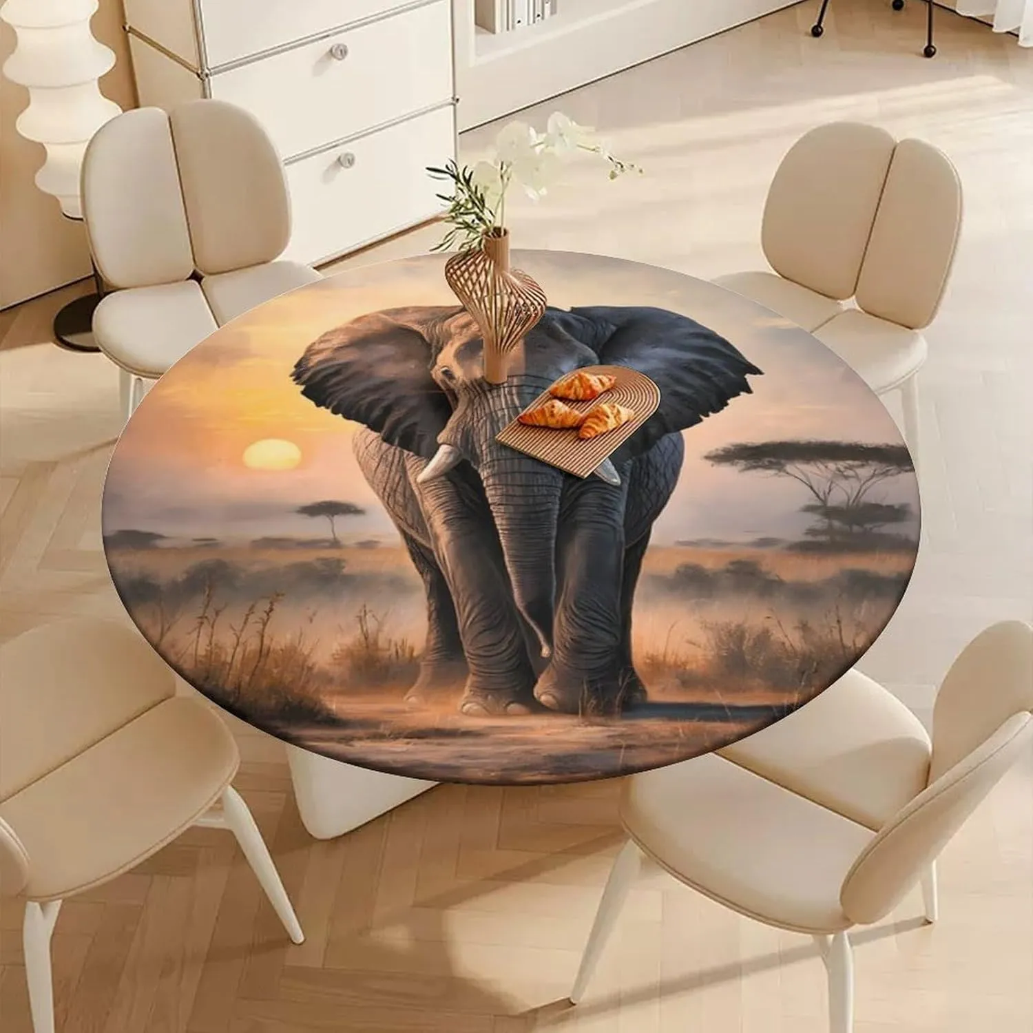 Round Vinyl Tablecloth with Elastic, Forest Elephant Grassland Outdoor Picnic Table Cover, Oil-Proof Fitted Round Table Cloth, Stain-Resistant Elastic Tablecloth for Patio (36"-42")