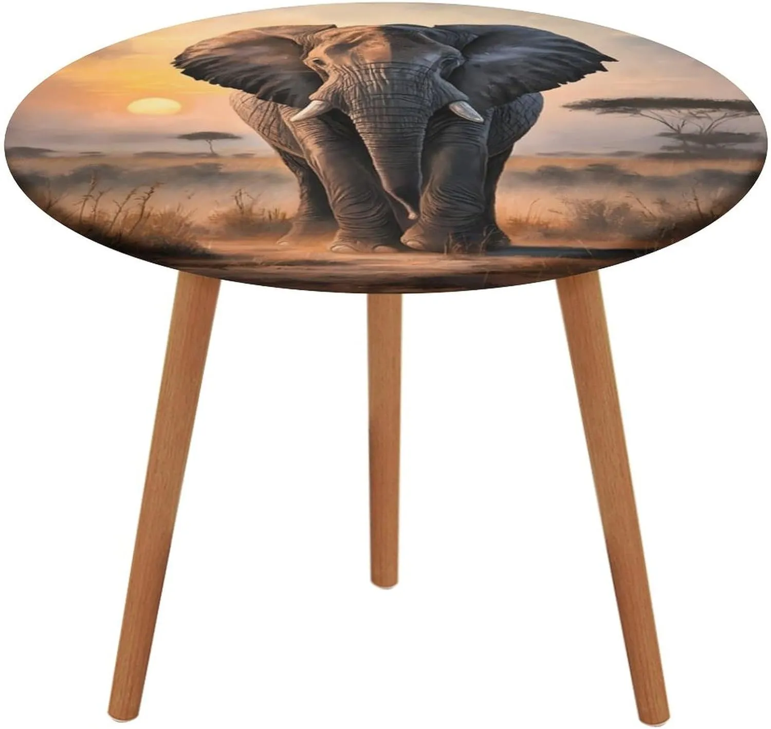Round Vinyl Tablecloth with Elastic, Forest Elephant Grassland Outdoor Picnic Table Cover, Oil-Proof Fitted Round Table Cloth, Stain-Resistant Elastic Tablecloth for Patio (36"-42")