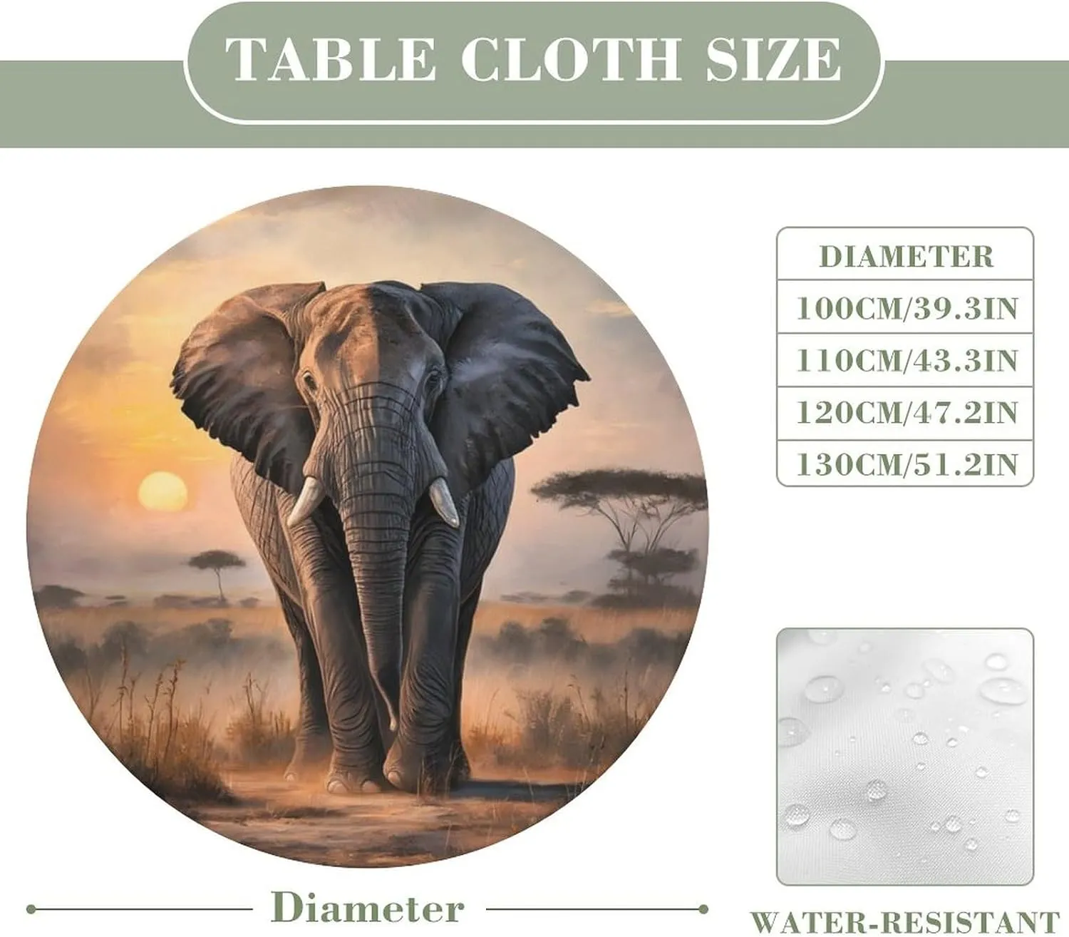 Round Vinyl Tablecloth with Elastic, Forest Elephant Grassland Outdoor Picnic Table Cover, Oil-Proof Fitted Round Table Cloth, Stain-Resistant Elastic Tablecloth for Patio (36"-42")