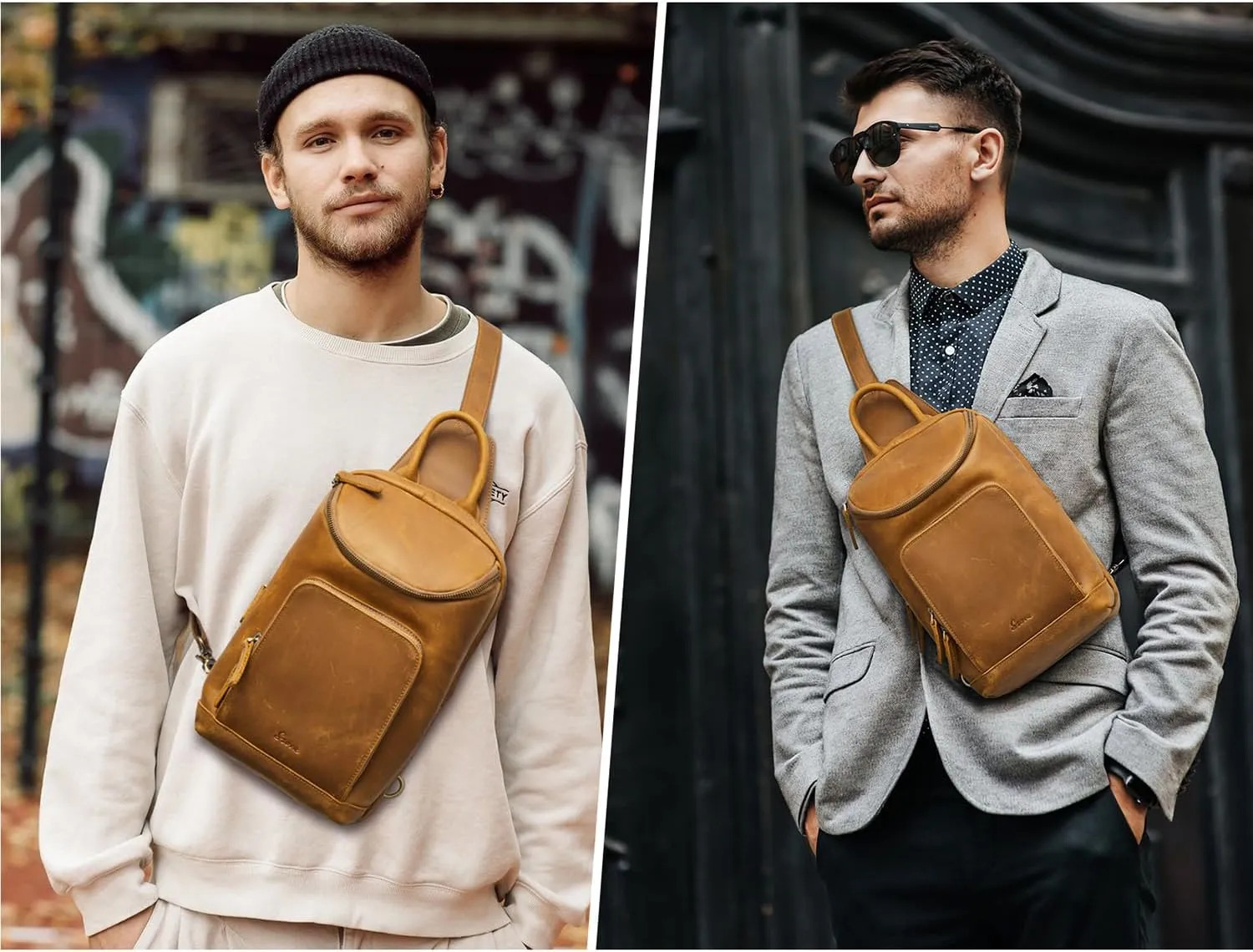 S-ZONE Sling Bag for Women Men Genuine Leather Vintage Crossbody Chest Bags Backpack Daypack Outdoor Travel
