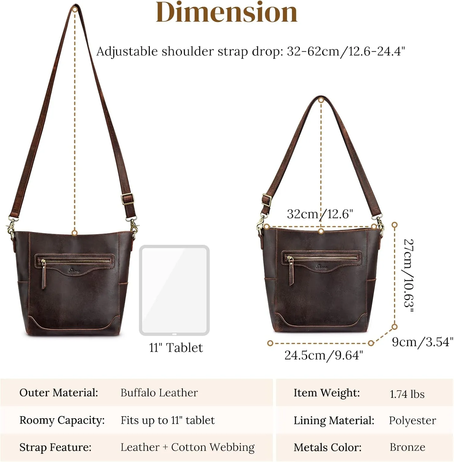 S-ZONE Women Genuine Leather Bucket Shoulder Bag Vintage Crossbody Purse with Outer Pocket
