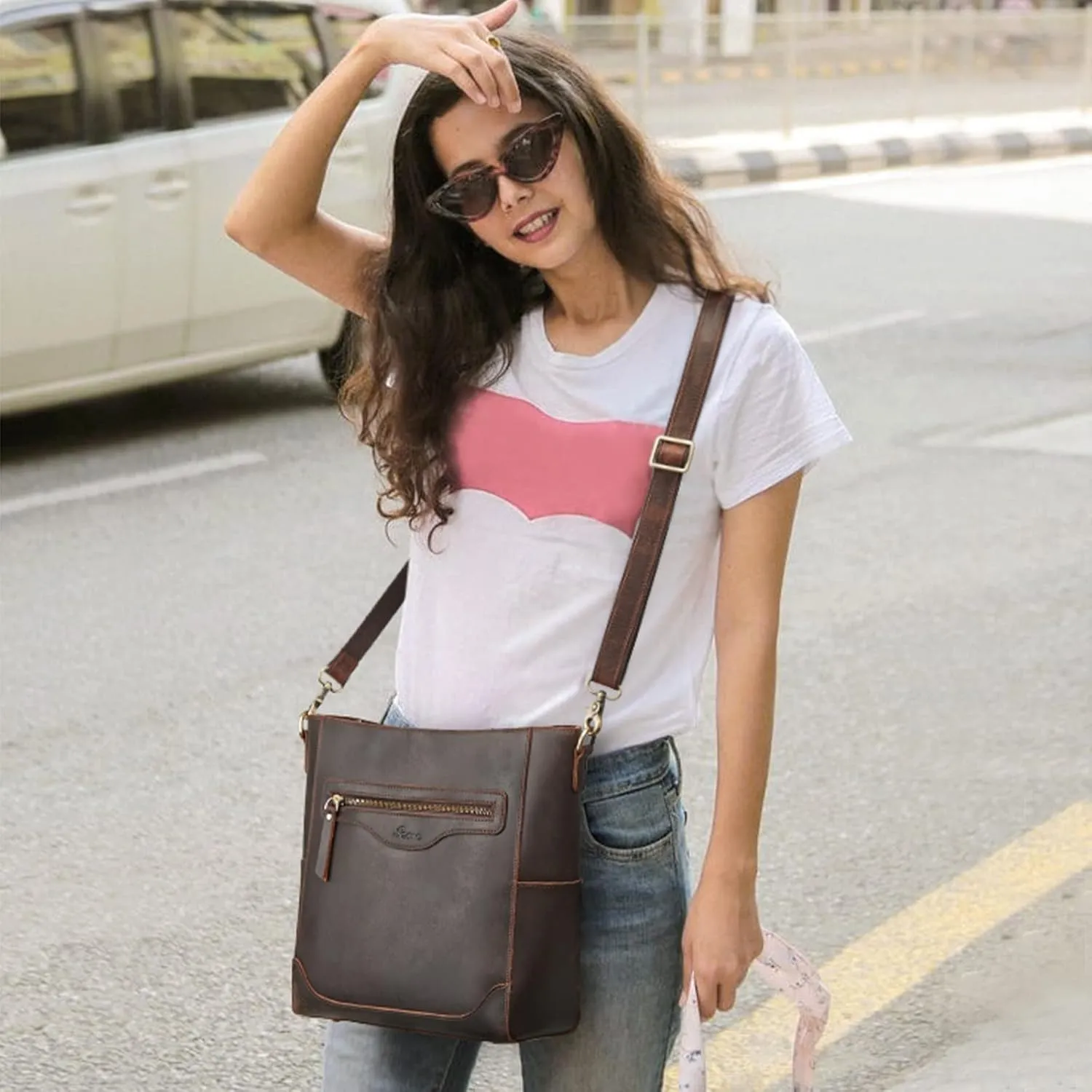 S-ZONE Women Genuine Leather Bucket Shoulder Bag Vintage Crossbody Purse with Outer Pocket