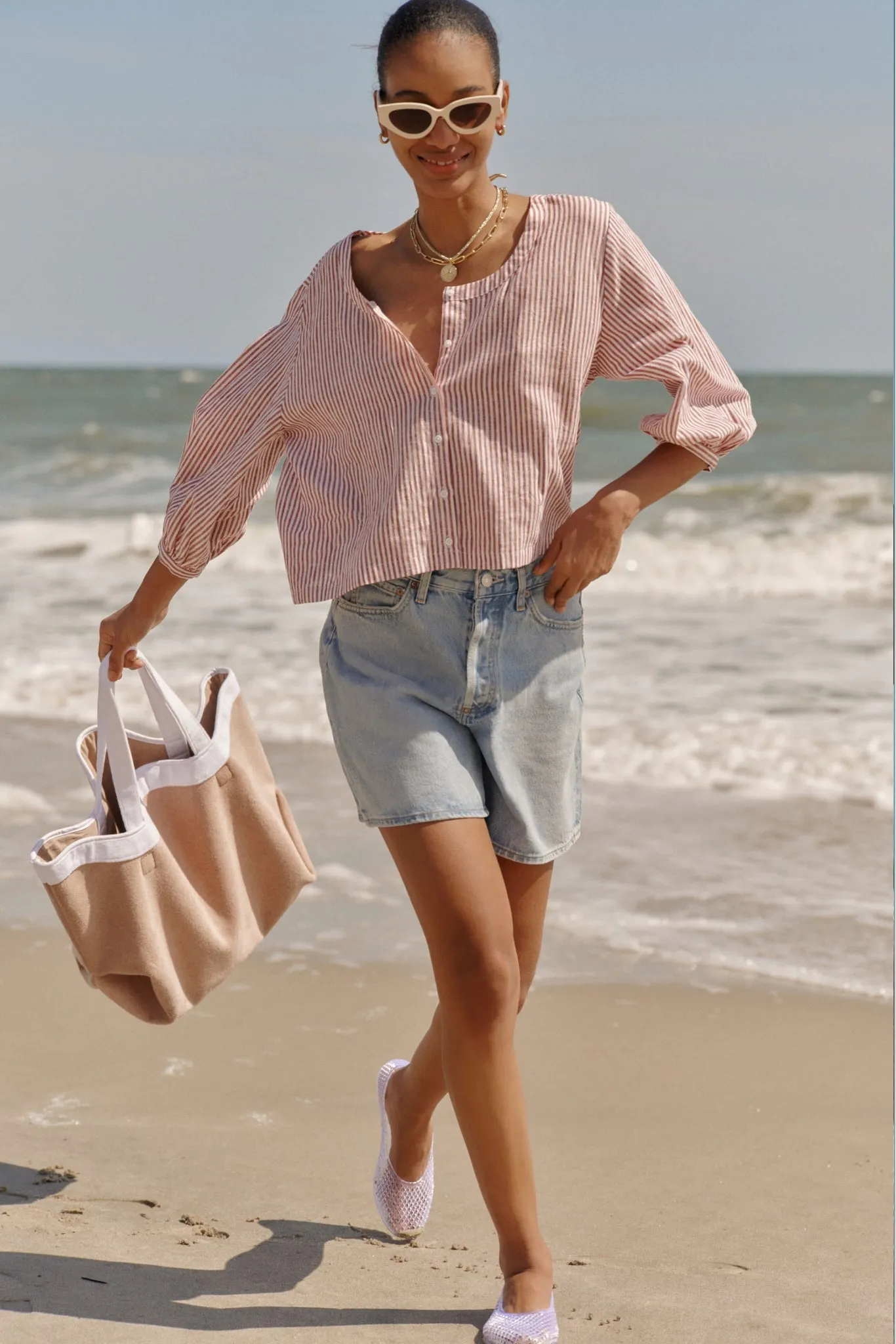 Sand and White Terrycloth August Tote