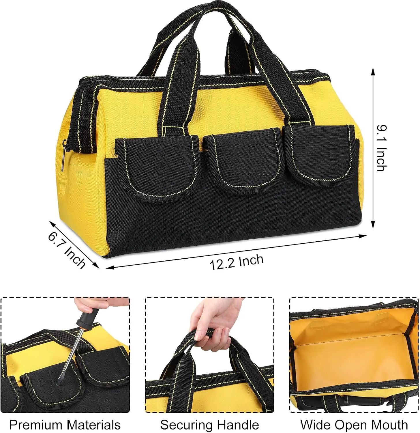 Sanwuta 3 Pack Tool Bag for Men with Waterproof Hard Bottom, Heavy Duty Tool Bag Wide Mouth Tote for Various Instrument, Electrician Carpenter Mechanic(13 Inch,Blue, Red, Yellow)