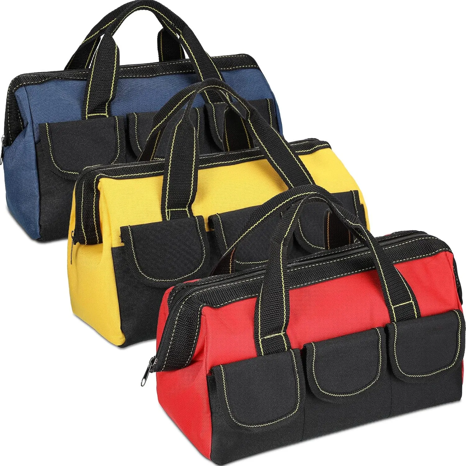 Sanwuta 3 Pack Tool Bag for Men with Waterproof Hard Bottom, Heavy Duty Tool Bag Wide Mouth Tote for Various Instrument, Electrician Carpenter Mechanic(13 Inch,Blue, Red, Yellow)