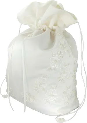 Satin Bridal Wedding Money Bag (#E1D4MBiv) in LARGE Size with Pearl-Embellished Floral Lace for Receiving Envelopes and cards, Bridal Purse, and Other Special Occasions