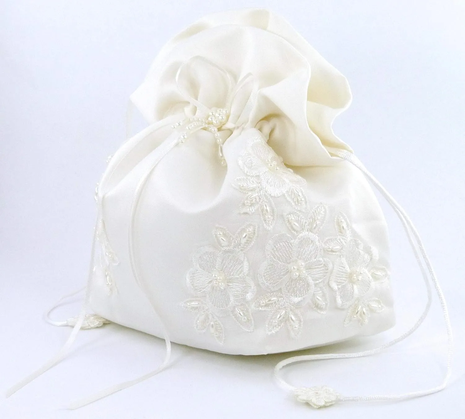 Satin Bridal Wedding Small Money Bag with Pearl-Embellished Floral Lace for Dollar Dance, Bridal Purse, and Other Special Occasions #E1DEDBiv (IVORY)