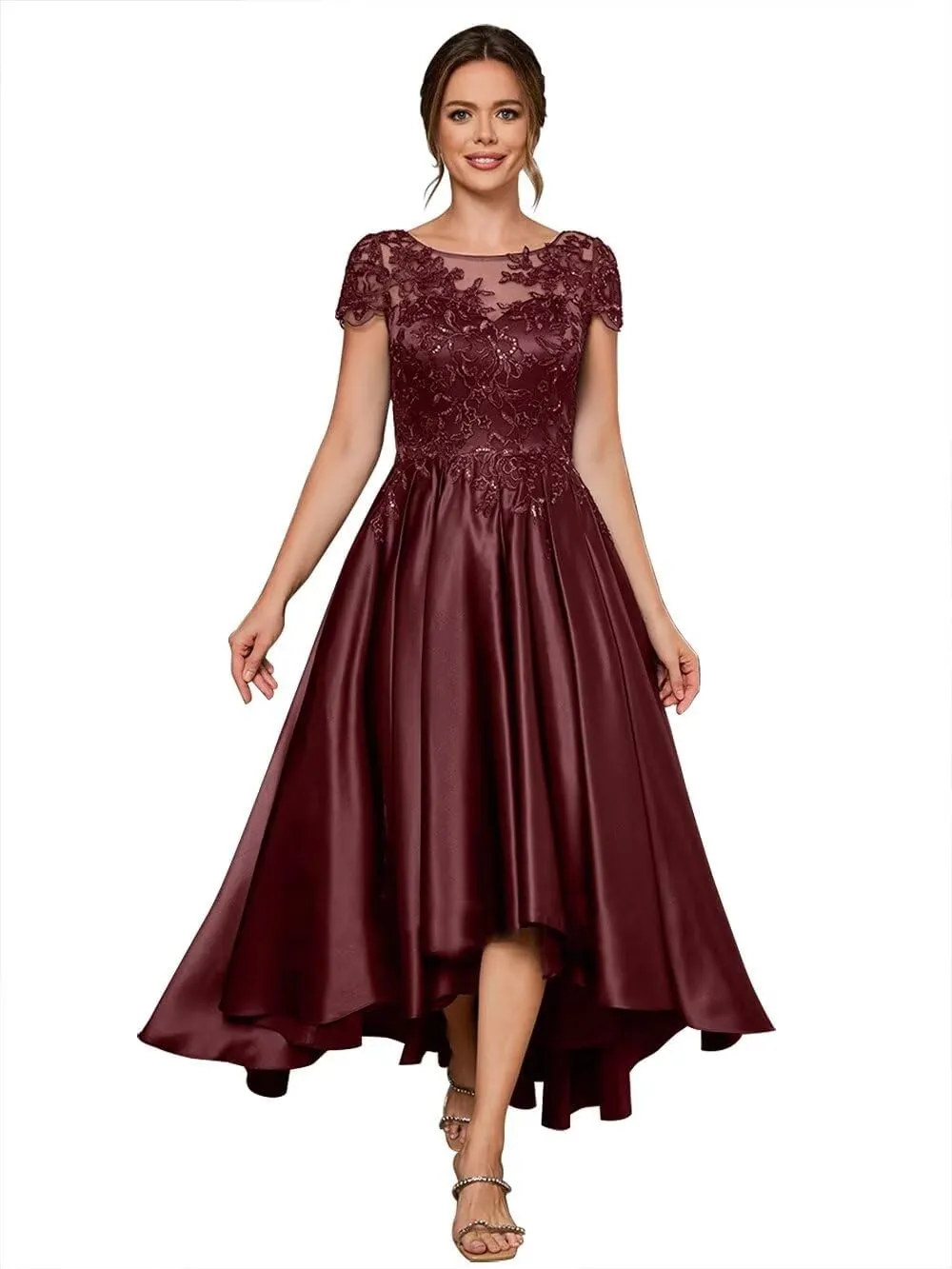 Satin Mother of The Bride Dresses for Women Appliques High-Low Formal Evening Gowns with Short Sleeves