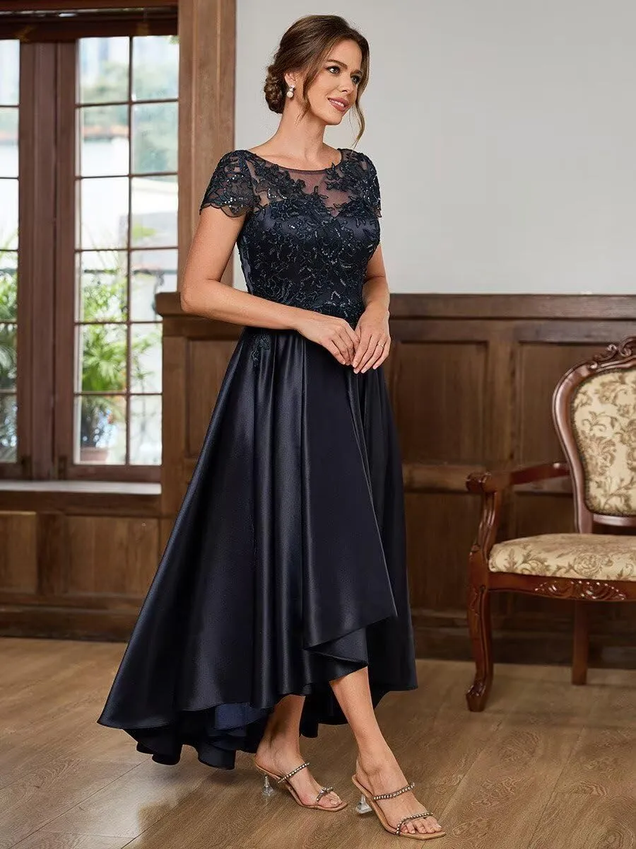 Satin Mother of The Bride Dresses for Women Appliques High-Low Formal Evening Gowns with Short Sleeves