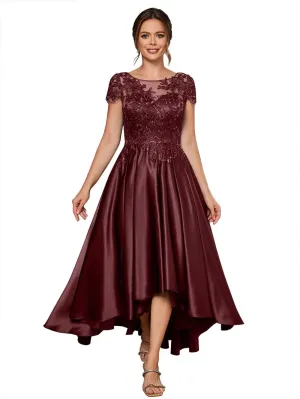 Satin Mother of The Bride Dresses for Women Appliques High-Low Formal Evening Gowns with Short Sleeves