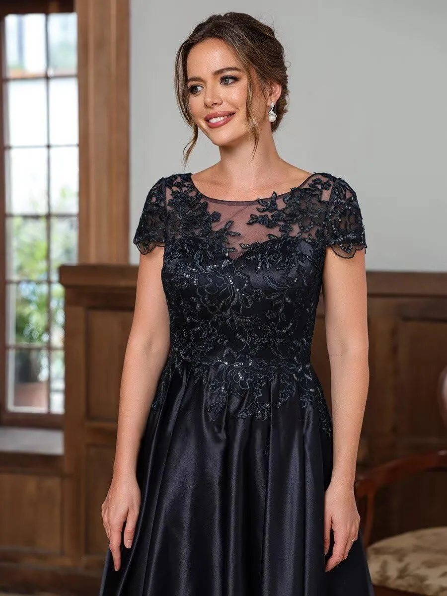 Satin Mother of The Bride Dresses for Women Appliques High-Low Formal Evening Gowns with Short Sleeves