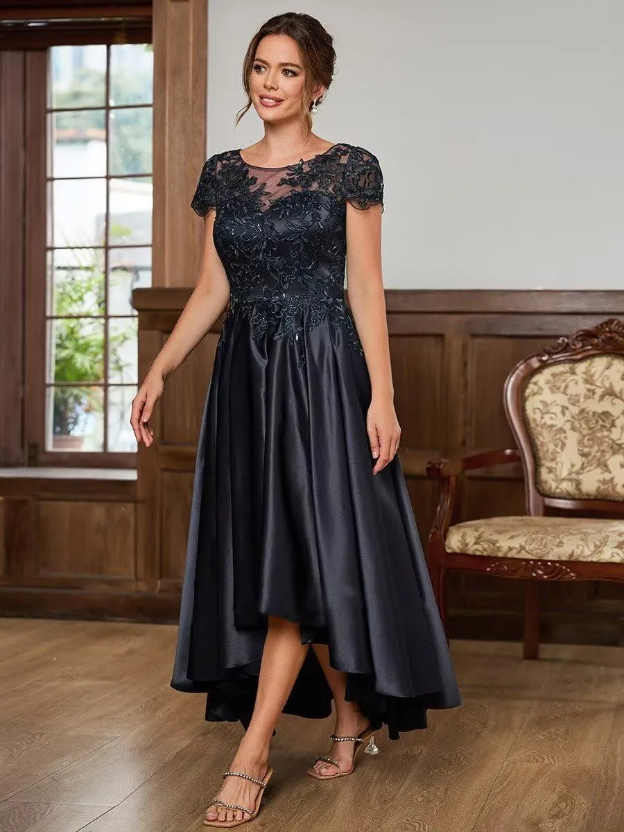 Satin Mother of The Bride Dresses for Women Appliques High-Low Formal Evening Gowns with Short Sleeves