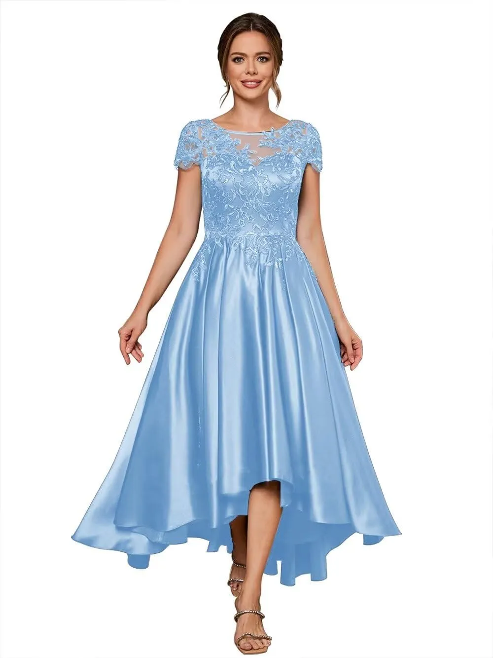 Satin Mother of The Bride Dresses for Women Appliques High-Low Formal Evening Gowns with Short Sleeves