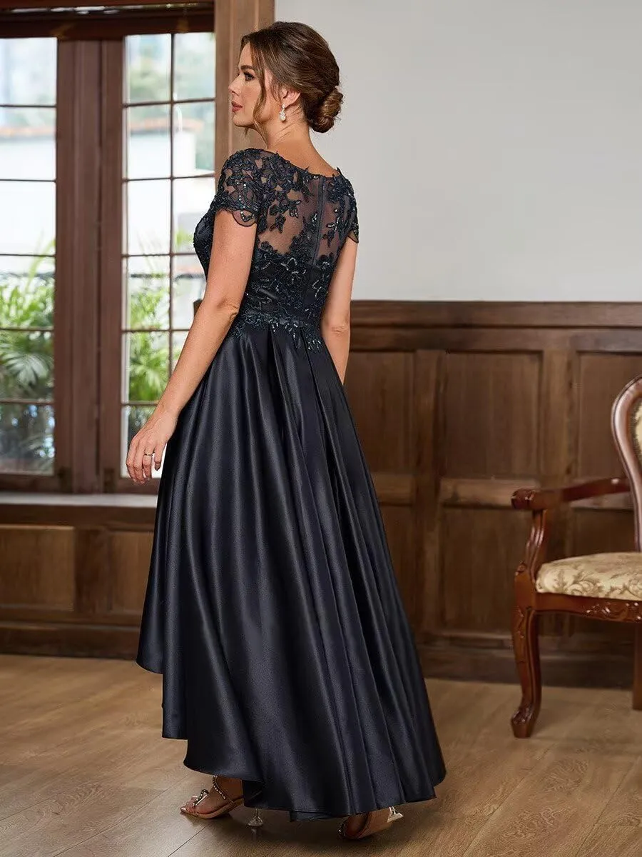 Satin Mother of The Bride Dresses for Women Appliques High-Low Formal Evening Gowns with Short Sleeves