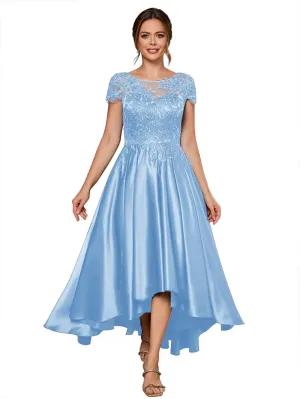 Satin Mother of The Bride Dresses for Women Appliques High-Low Formal Evening Gowns with Short Sleeves