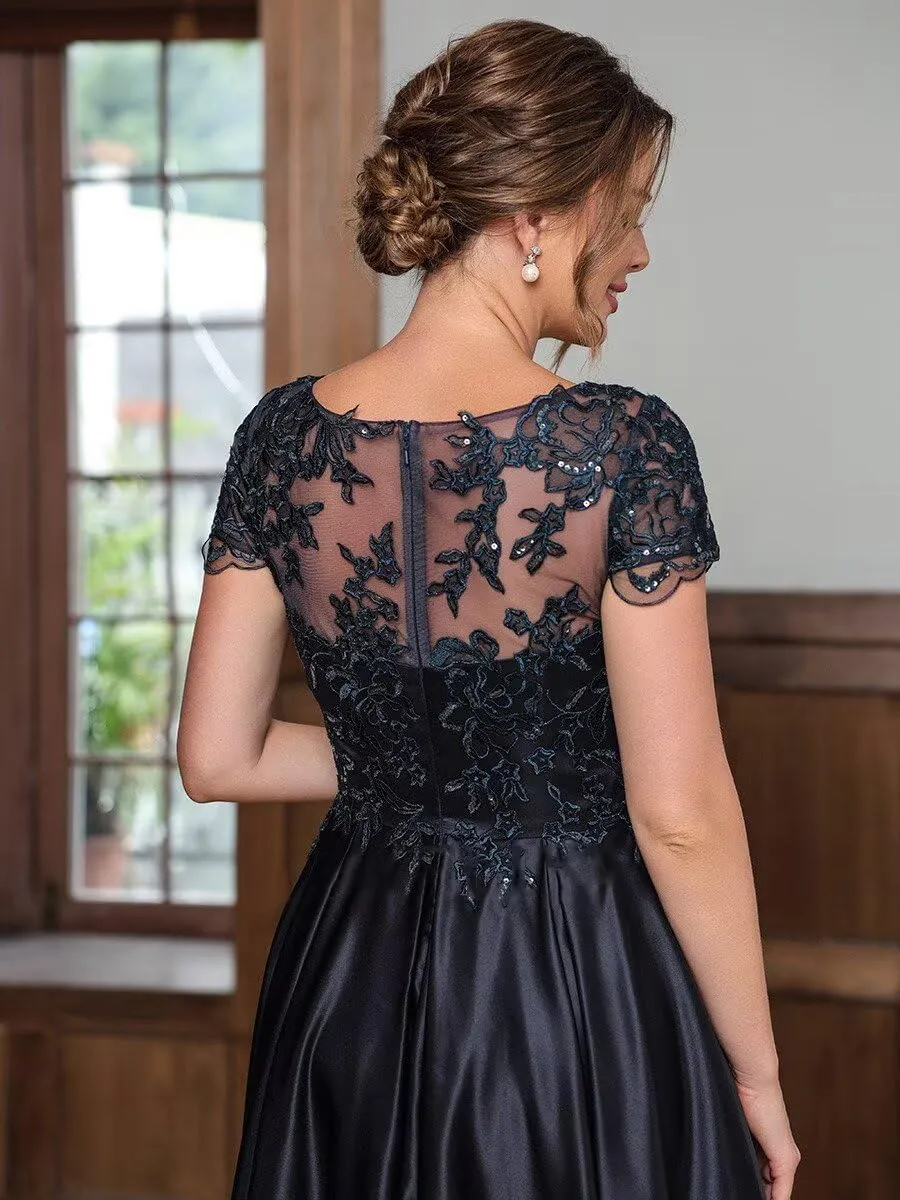 Satin Mother of The Bride Dresses for Women Appliques High-Low Formal Evening Gowns with Short Sleeves