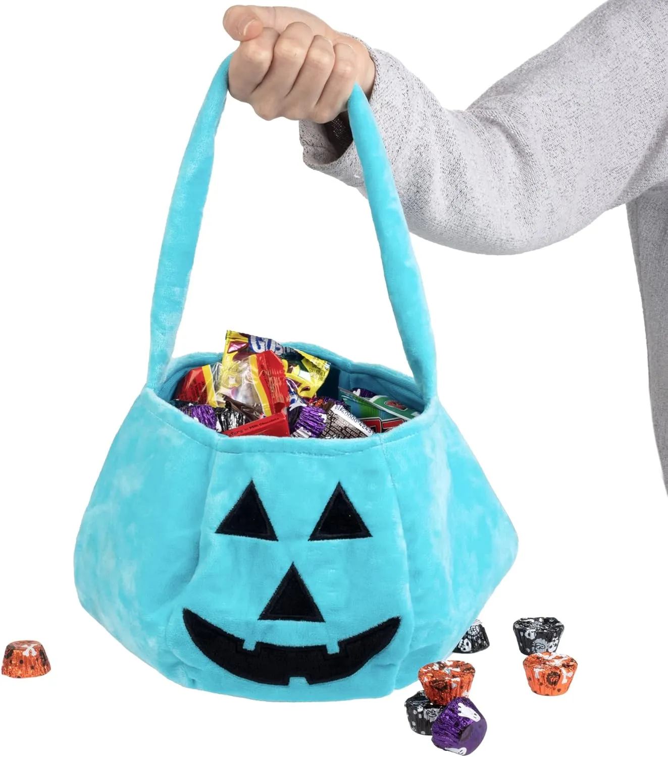 SCS Direct Halloween Teal Pumpkin Reusable Fabric Trick or Treat Tote- Collapsible Soft Candy Bag 8"x8" Kids Light Blue