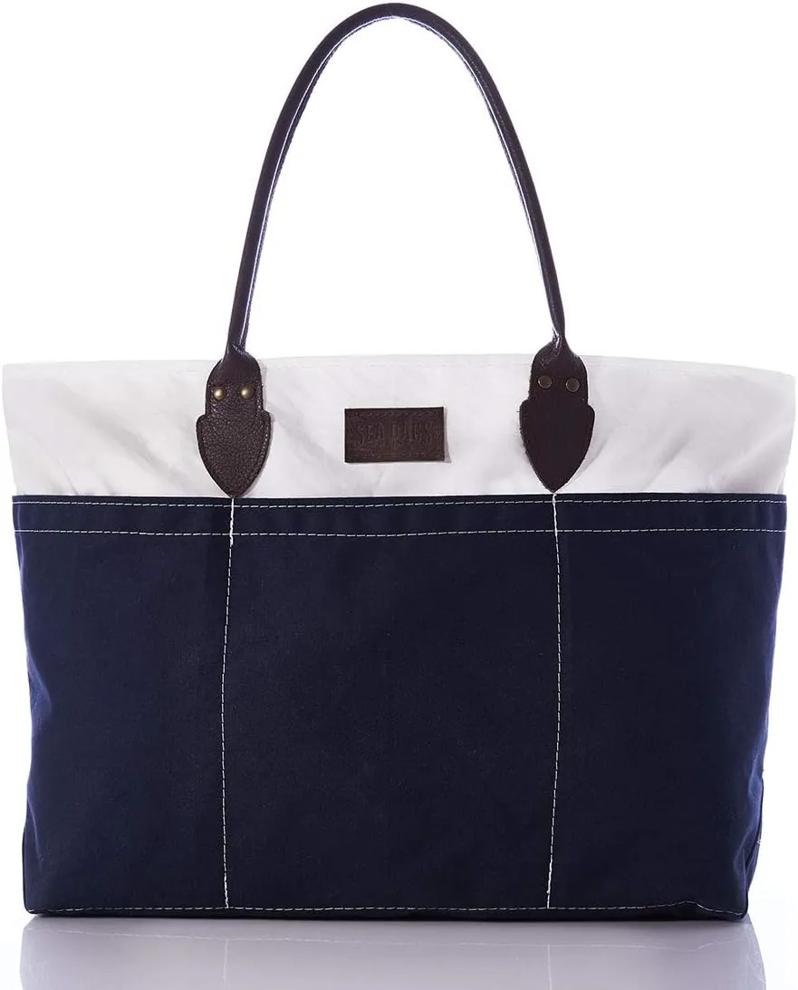 Sea Bags Recycled Sail Cloth Chebeague Large Travel Tote Bag Beach Bag Tote, Large Travel Bag, Tote Bag for Work Leather Handles, Zipper Closure