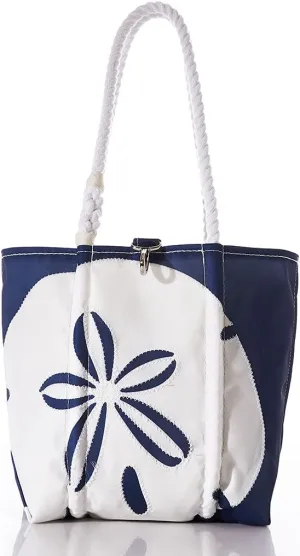 Sea Bags Recycled Sail Cloth White on Navy Sand Dollar Handbag Shoulder Bag, Small Tote Bag Rope Handles, Clasp Closure Rope Handles