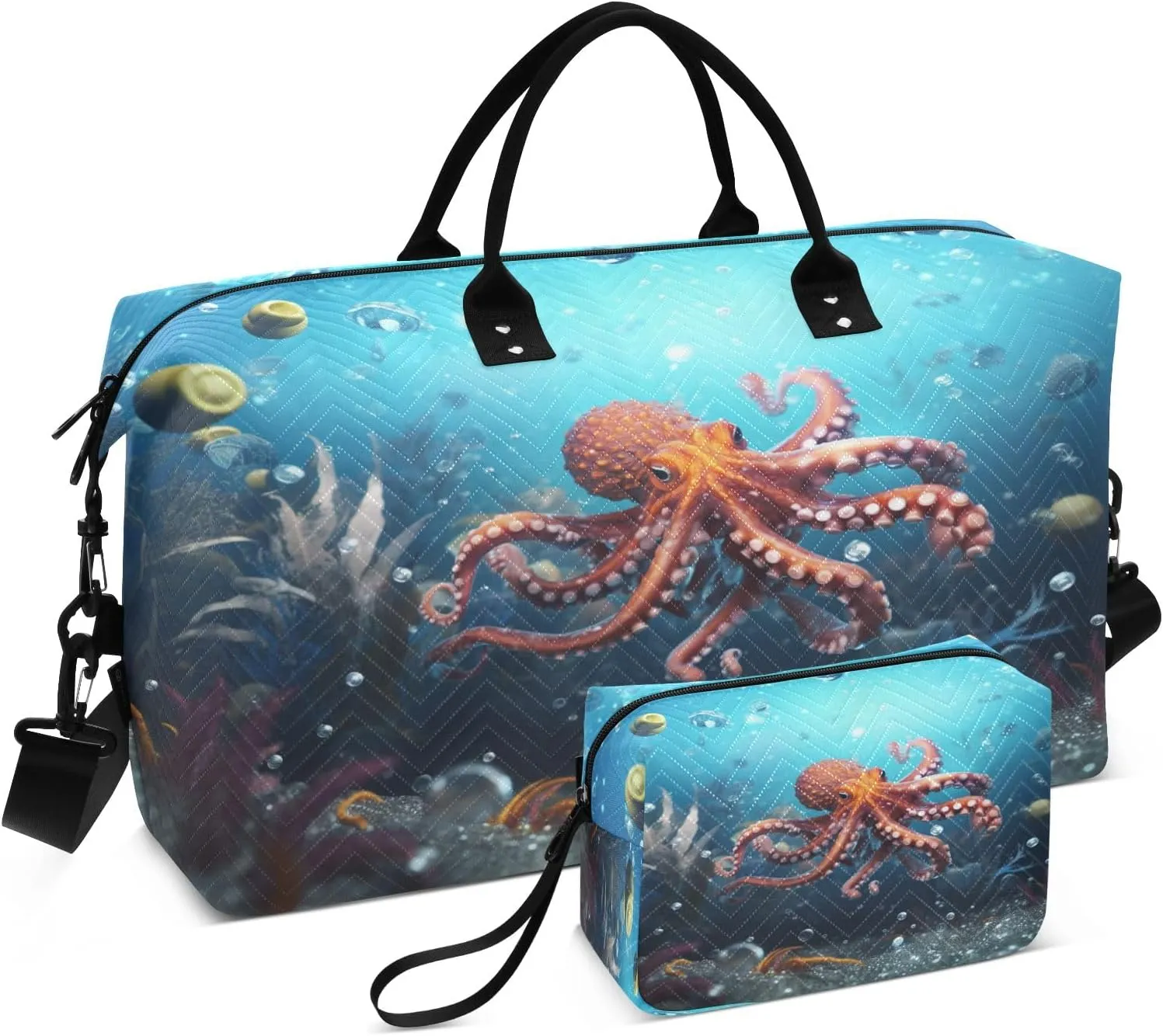 Sea Floor Octopus Travel Duffel Bags with Toiletry Bag and Adjustable Strap for Travel Gym Yoga