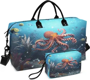 Sea Floor Octopus Travel Duffel Bags with Toiletry Bag and Adjustable Strap for Travel Gym Yoga