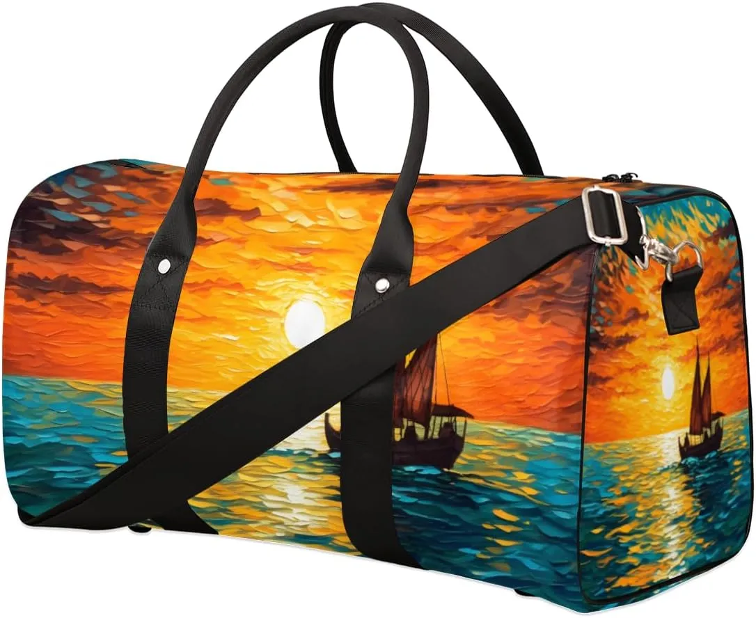 Sea Sunset Travel Duffle Bag for Women Men Gym Duffel Foldable Bag Waterproof Weekender Ocean Sailboat Duffle Tote
