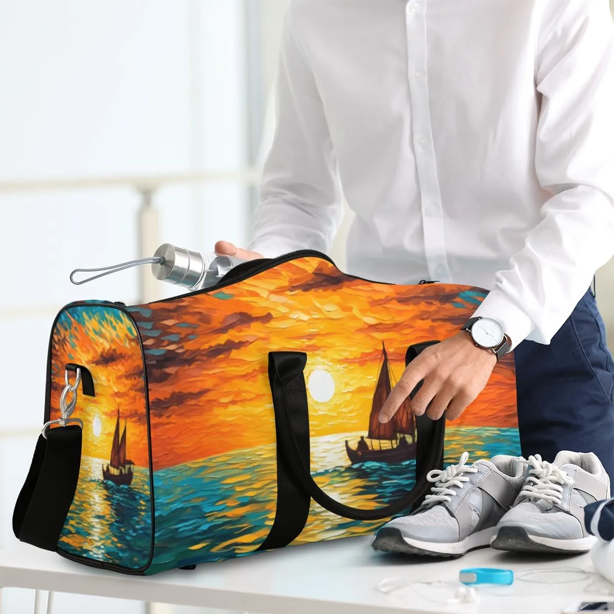Sea Sunset Travel Duffle Bag for Women Men Gym Duffel Foldable Bag Waterproof Weekender Ocean Sailboat Duffle Tote