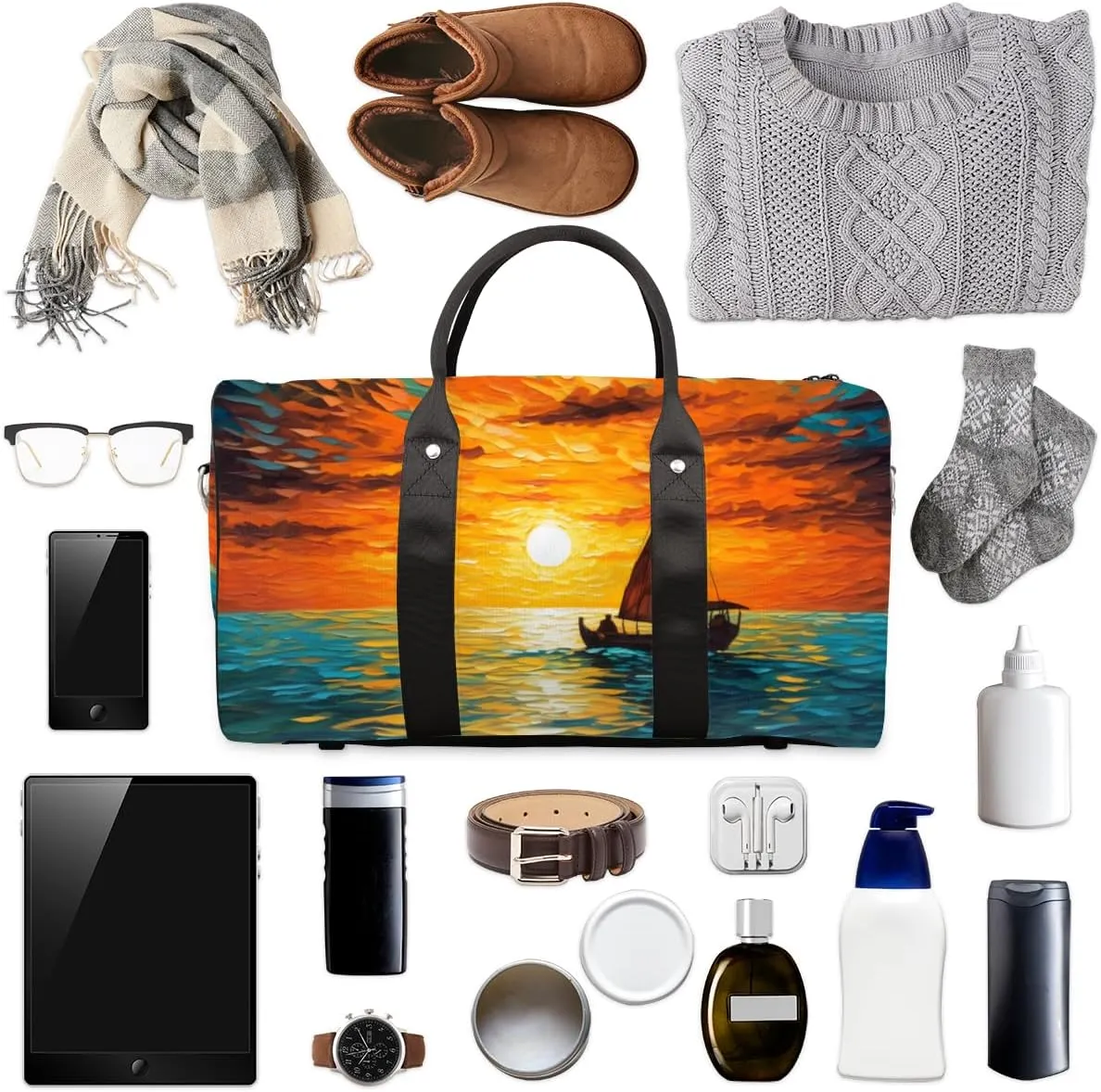 Sea Sunset Travel Duffle Bag for Women Men Gym Duffel Foldable Bag Waterproof Weekender Ocean Sailboat Duffle Tote