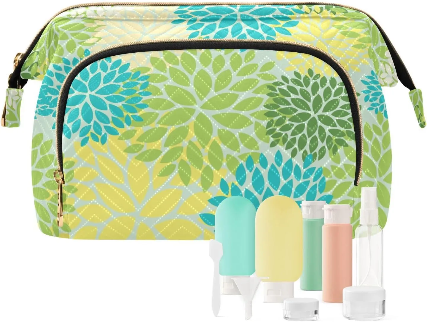 Seamless Floral Flowers with Green Blue Yellow and Cream Colors Women Cosmetic Bag Makeup Bag Stylish Trip Beauty Bag Travel Toiletry Bag with Bottle Organizer 10.2 x 5.9 x 6.7 inch