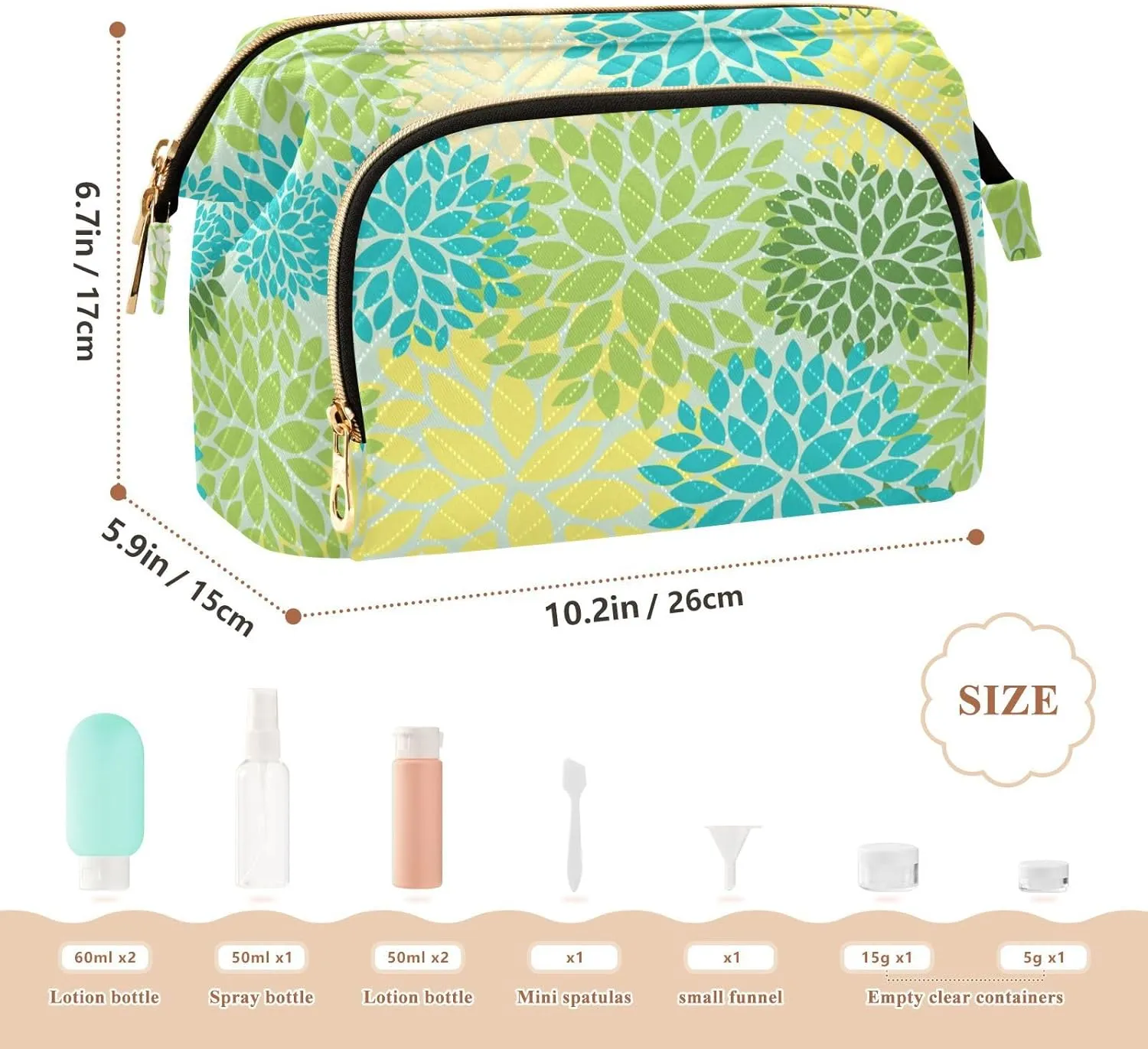 Seamless Floral Flowers with Green Blue Yellow and Cream Colors Women Cosmetic Bag Makeup Bag Stylish Trip Beauty Bag Travel Toiletry Bag with Bottle Organizer 10.2 x 5.9 x 6.7 inch