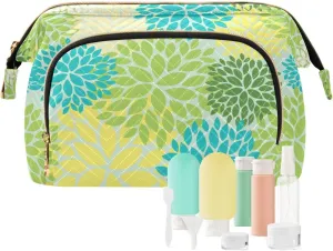 Seamless Floral Flowers with Green Blue Yellow and Cream Colors Women Cosmetic Bag Makeup Bag Stylish Trip Beauty Bag Travel Toiletry Bag with Bottle Organizer 10.2 x 5.9 x 6.7 inch
