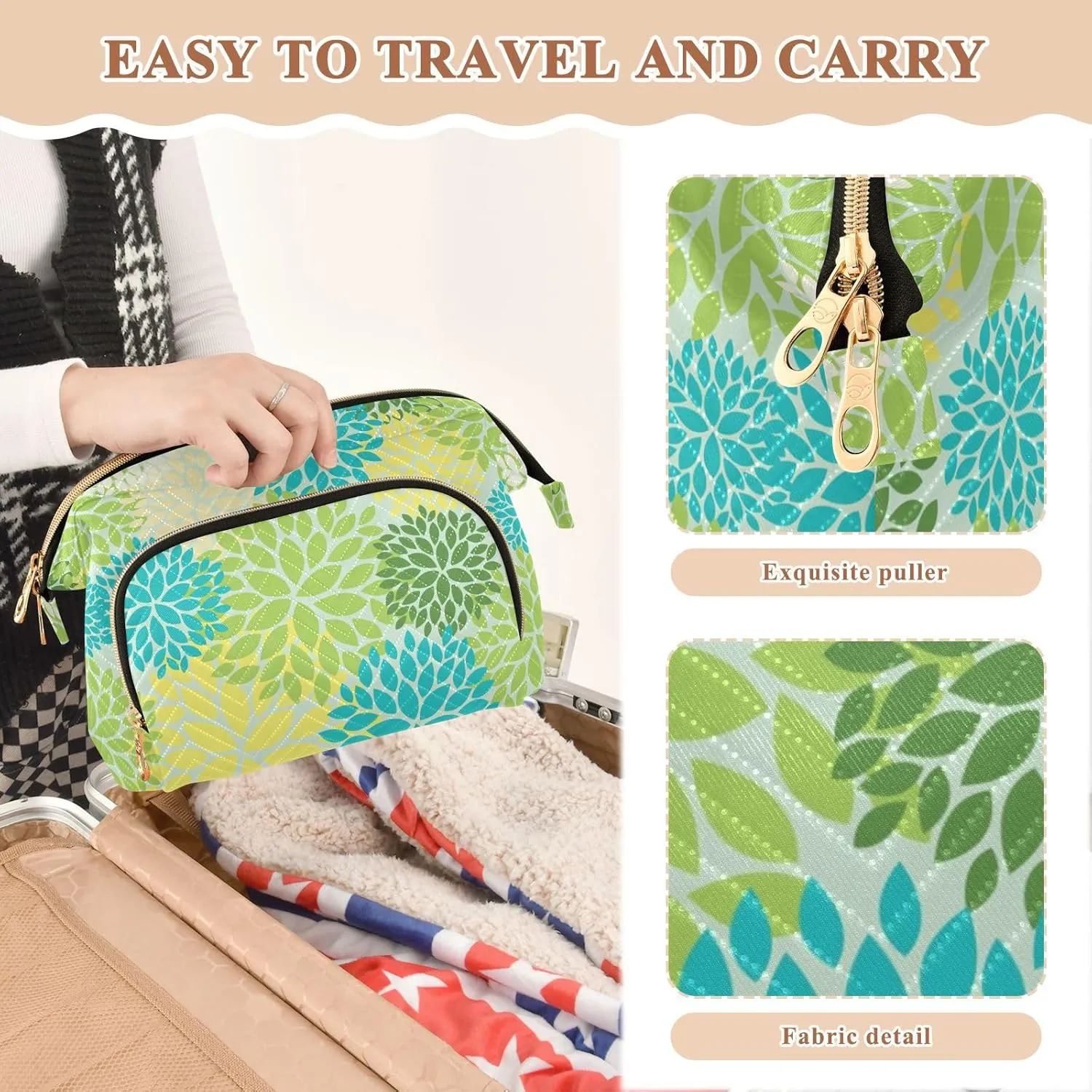 Seamless Floral Flowers with Green Blue Yellow and Cream Colors Women Cosmetic Bag Makeup Bag Stylish Trip Beauty Bag Travel Toiletry Bag with Bottle Organizer 10.2 x 5.9 x 6.7 inch