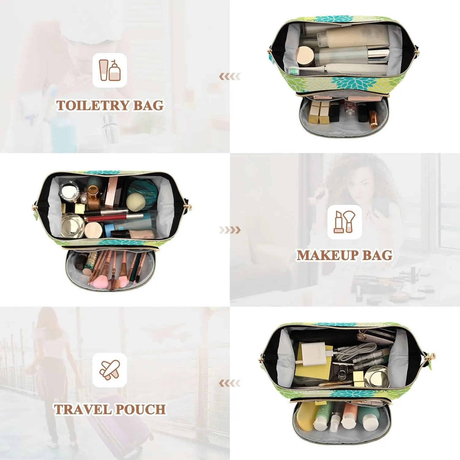 Seamless Floral Flowers with Green Blue Yellow and Cream Colors Women Cosmetic Bag Makeup Bag Stylish Trip Beauty Bag Travel Toiletry Bag with Bottle Organizer 10.2 x 5.9 x 6.7 inch