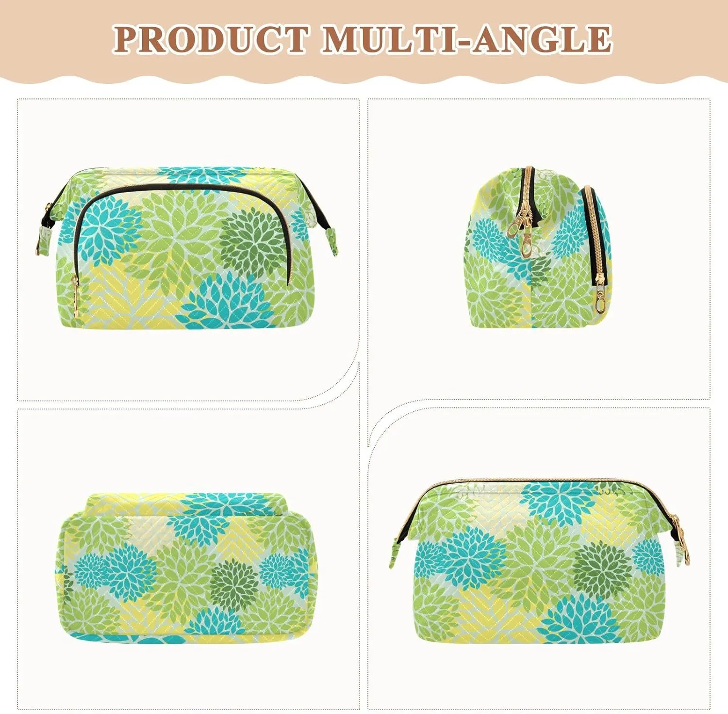 Seamless Floral Flowers with Green Blue Yellow and Cream Colors Women Cosmetic Bag Makeup Bag Stylish Trip Beauty Bag Travel Toiletry Bag with Bottle Organizer 10.2 x 5.9 x 6.7 inch