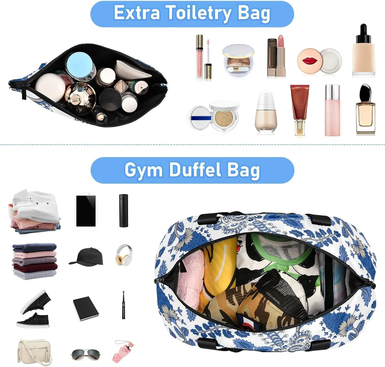 Seamless Floral Paisley Ornament Curly Flowers on White Foldable Travel Bag, Camping Luggage bag, Portable Gym Bag, Sports Bag, Toiletry Bag with Handles Adjustable Shoulder Strap
