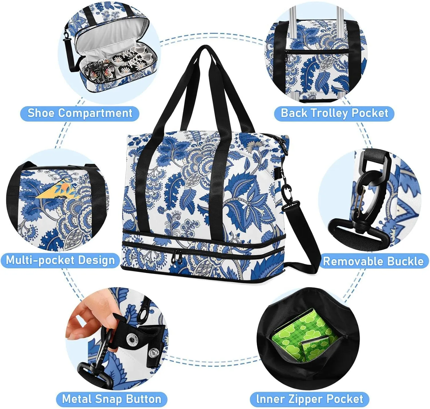Seamless Floral Paisley Ornament Curly Flowers on White Foldable Travel Bag, Camping Luggage bag, Portable Gym Bag, Sports Bag, Toiletry Bag with Handles Adjustable Shoulder Strap