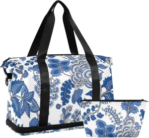 Seamless Floral Paisley Ornament Curly Flowers on White Foldable Travel Bag, Camping Luggage bag, Portable Gym Bag, Sports Bag, Toiletry Bag with Handles Adjustable Shoulder Strap