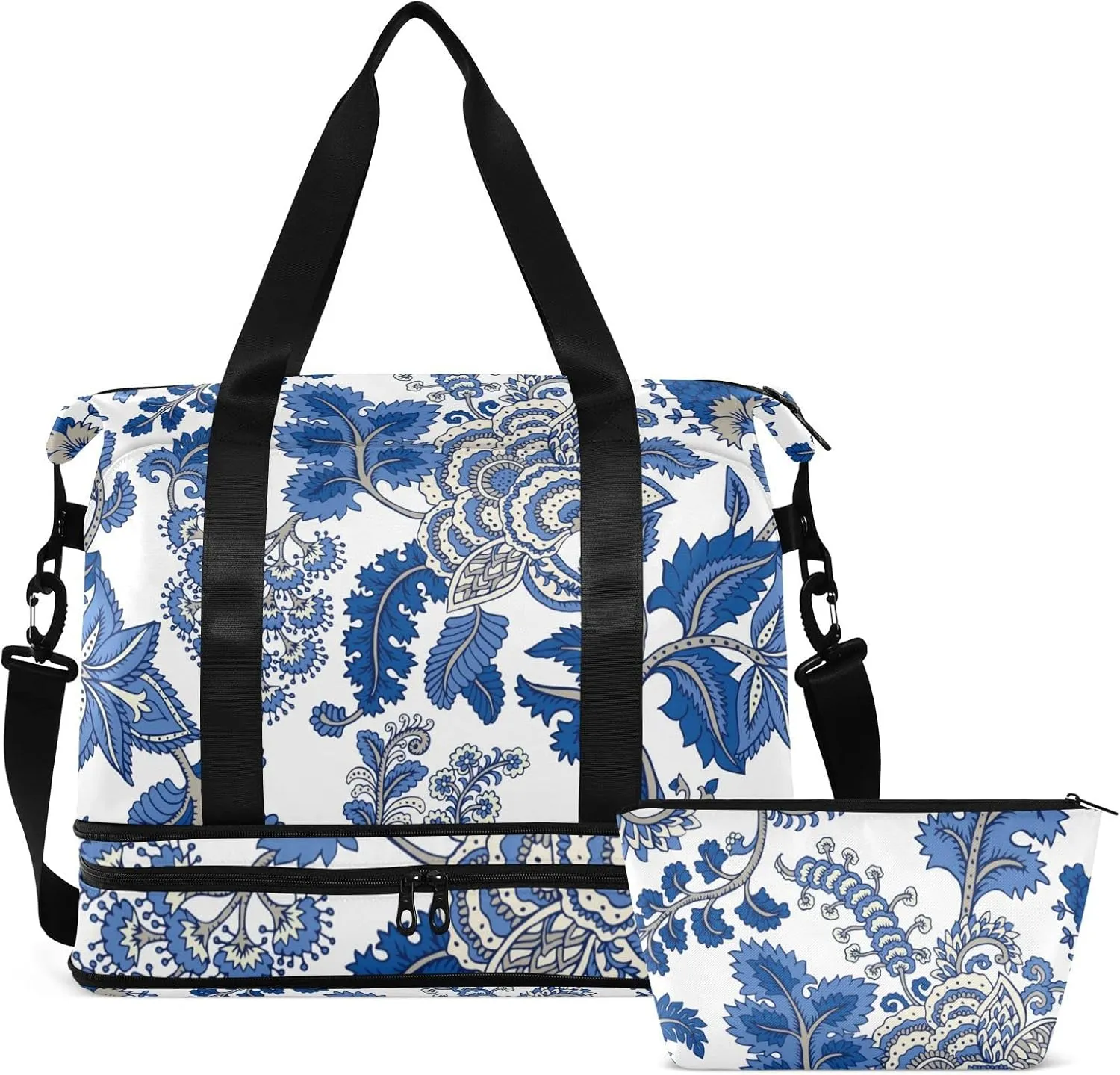 Seamless Floral Paisley Ornament Curly Flowers on White Foldable Travel Bag, Camping Luggage bag, Portable Gym Bag, Sports Bag, Toiletry Bag with Handles Adjustable Shoulder Strap