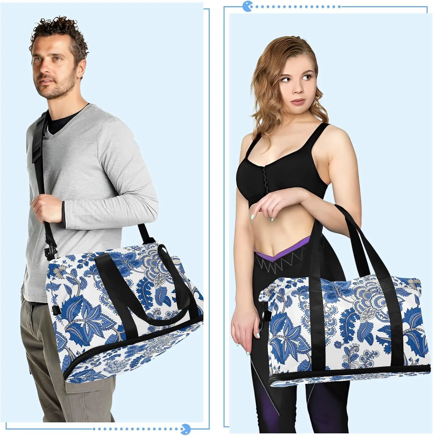 Seamless Floral Paisley Ornament Curly Flowers on White Foldable Travel Bag, Camping Luggage bag, Portable Gym Bag, Sports Bag, Toiletry Bag with Handles Adjustable Shoulder Strap
