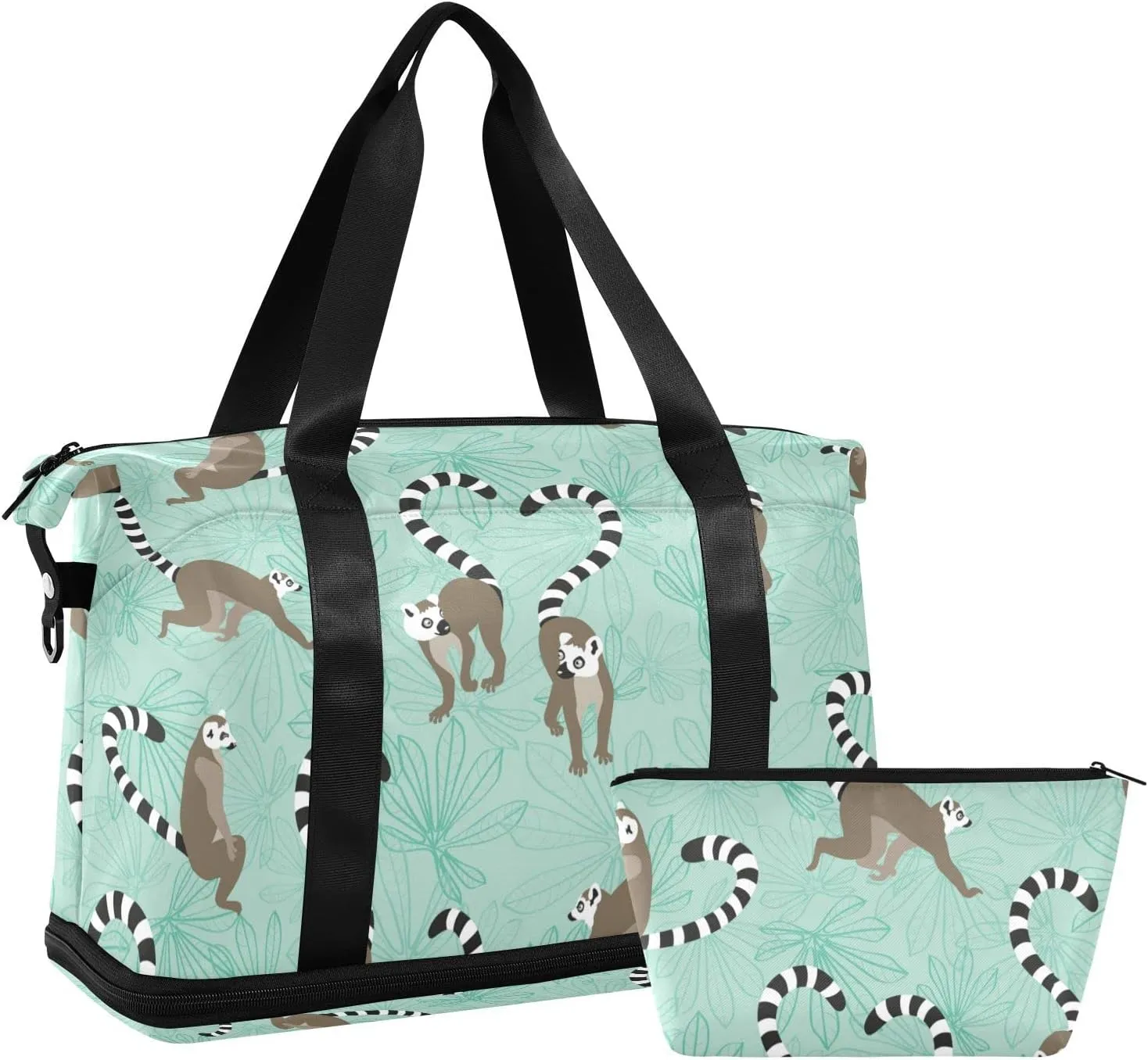 Seamless Katta Lemur on Turquoise Floral Background Foldable Travel Bag, Camping Luggage bag, Portable Gym Bag, Sports Bag, Toiletry Bag with Handles Adjustable Shoulder Strap