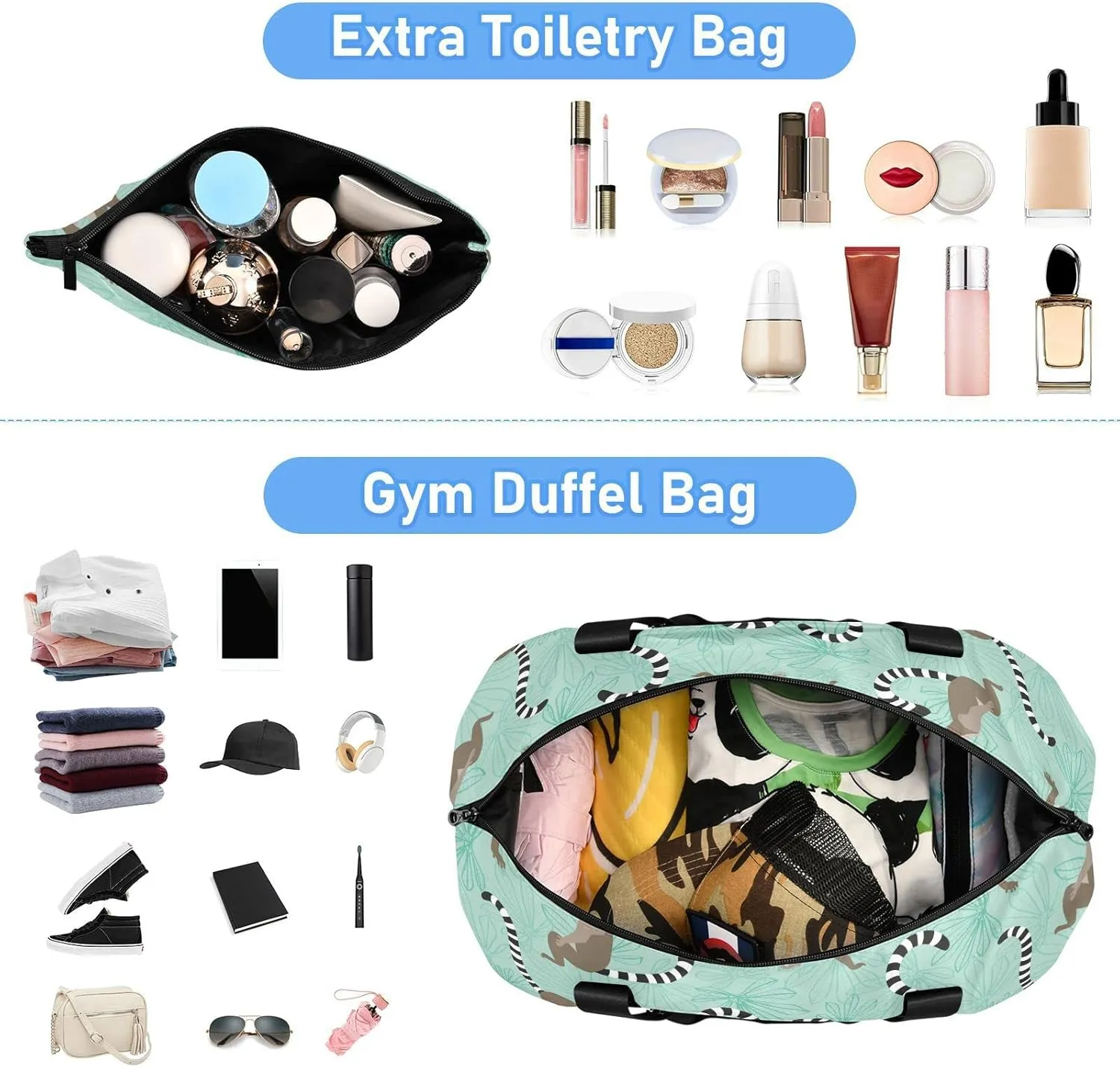 Seamless Katta Lemur on Turquoise Floral Background Foldable Travel Bag, Camping Luggage bag, Portable Gym Bag, Sports Bag, Toiletry Bag with Handles Adjustable Shoulder Strap
